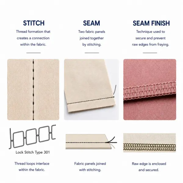 Diagram explaining the difference between a stitch, seam, and seam finish