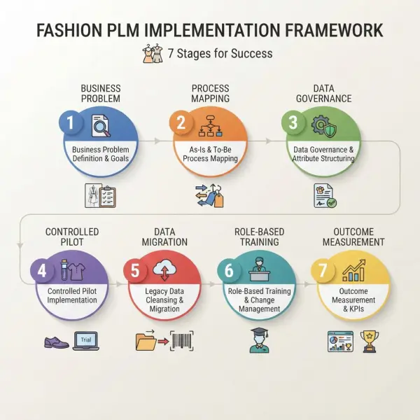 Seven-stage implementation framework for fashion PLM software Seven-stage implementation framework for fashion PLM software