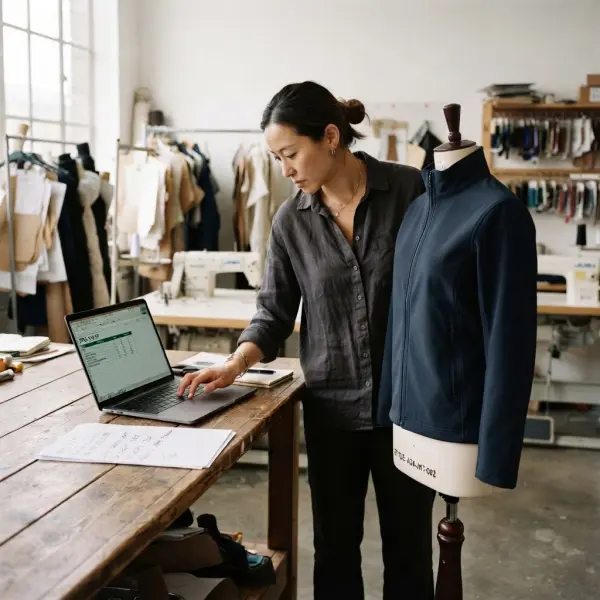 Technical designer reviewing an apparel sample and entering fit comments into a PLM system Technical designer reviewing an apparel sample and entering fit comments into a PLM system