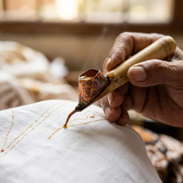 Close-up tangan perajin menggunakan canting untuk membuat motif batik tulis Close-up tangan perajin menggunakan canting untuk membuat motif batik tulis