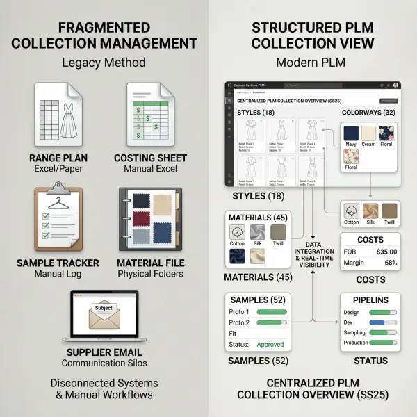 Comparison between fragmented fashion collection files and a structured PLM collection record