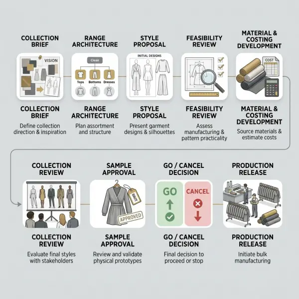 Fashion collection workflow from range brief to production release using PLM