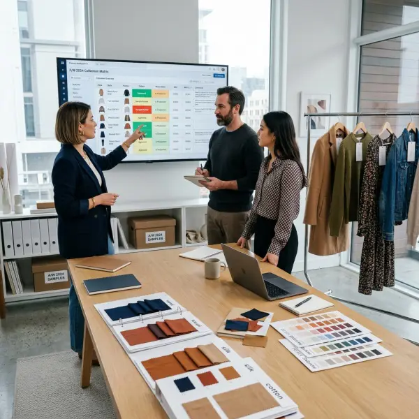 Fashion product team reviewing styles, colorways, and collection status in a PLM system