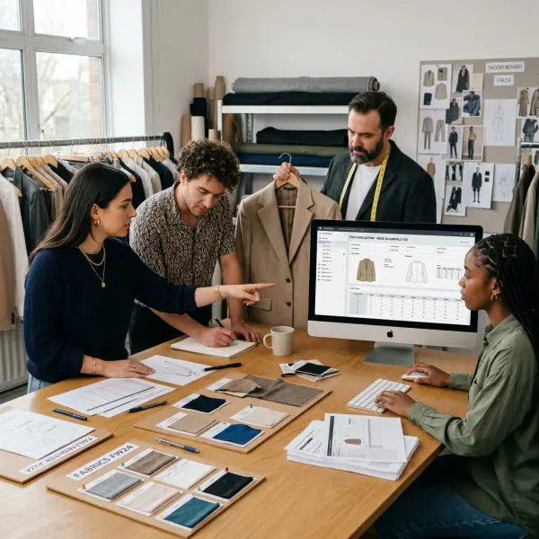 Apparel product development team reviewing garment specifications in fashion PLM software Apparel product development team reviewing garment specifications in fashion PLM software