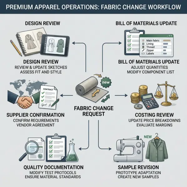 Fashion PLM workflow showing how a fabric change affects product development teams