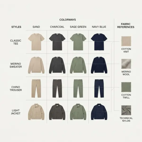 Fashion PLM matrix connecting collection styles, colorways, and shared materials