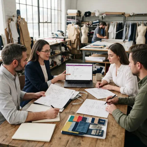 Fashion business team evaluating PLM workflows using garment data and process requirements Fashion business team evaluating PLM workflows using garment data and process requirements