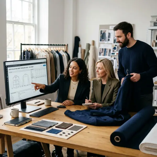 Fashion design, merchandising, and product development teams collaborating through a shared PLM system