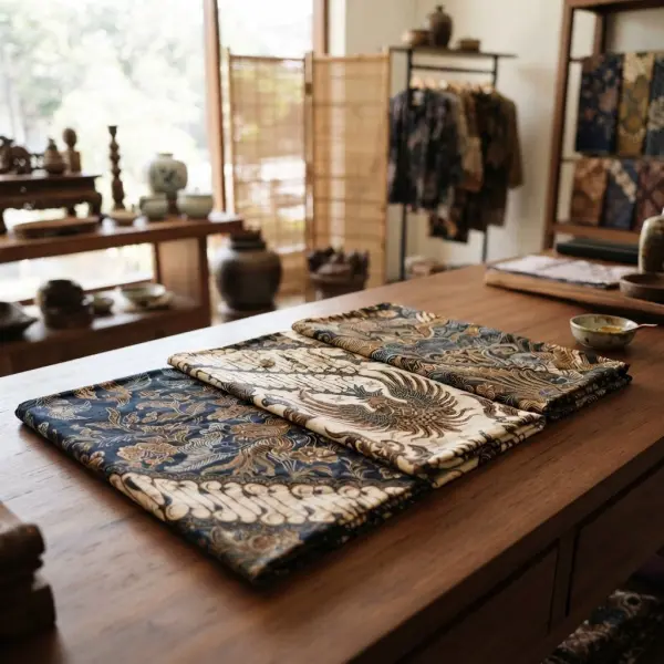 Koleksi kain batik tulis premium dengan motif yang rumit di atas meja display Koleksi kain batik tulis premium dengan motif yang rumit di atas meja display