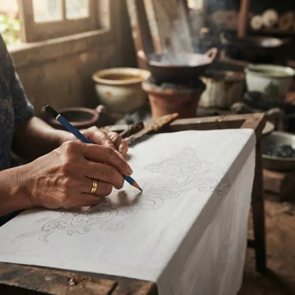 Pembatik menggambar pola batik di atas kain mori menggunakan pensil sebelum proses pencantingan