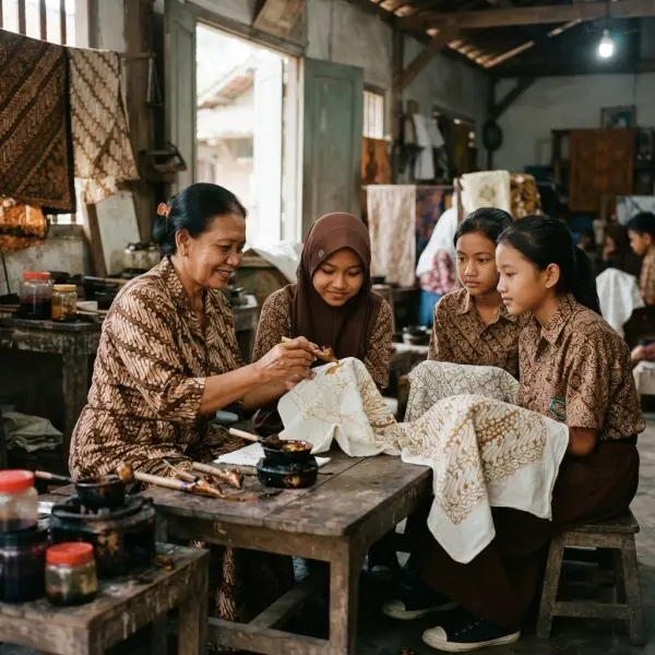 Generasi muda belajar membatik bersama perajin senior di sebuah sanggar batik Generasi muda belajar membatik bersama perajin senior di sebuah sanggar batik