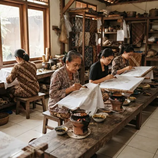 Perajin batik tulis sedang bekerja di sebuah sanggar batik tradisional Indonesia Perajin batik tulis sedang bekerja di sebuah sanggar batik tradisional Indonesia