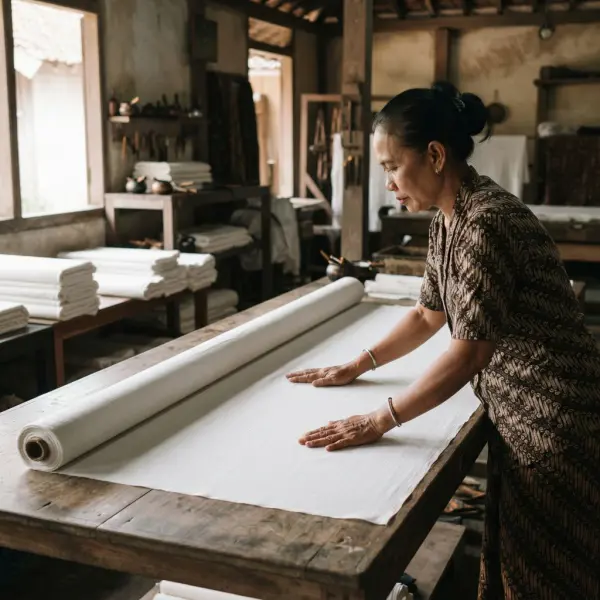 Perajin memeriksa dan menyiapkan kain mori sebelum memulai proses pembuatan batik tulis