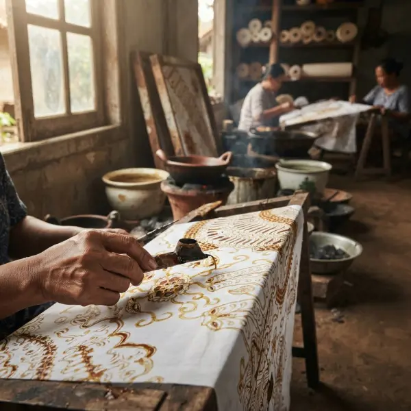 Perajin batik tulis menggunakan canting untuk mengaplikasikan malam pada kain bermotif tradisional