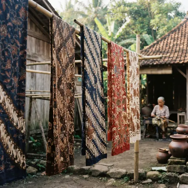 Kain batik tulis dijemur setelah melalui salah satu tahap pewarnaan di lingkungan produksi tradisional Kain batik tulis dijemur setelah melalui salah satu tahap pewarnaan di lingkungan produksi tradisional