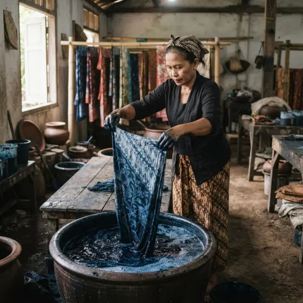 Perajin mencelupkan kain batik ke dalam larutan pewarna pada proses pewarnaan pertama
