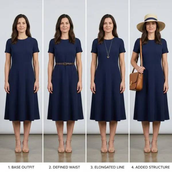 Comparison showing how belts, necklaces, bags, and hats change outfit proportions