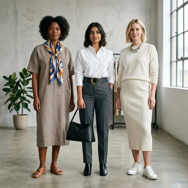 Three simple outfits transformed with a scarf, belt, statement jewelry, and structured handbag