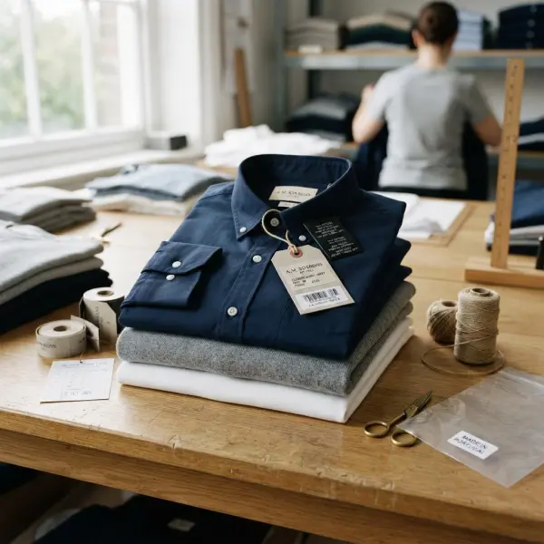 Contoh label dan spesifikasi kemasan produk fashion dalam Tech Pack