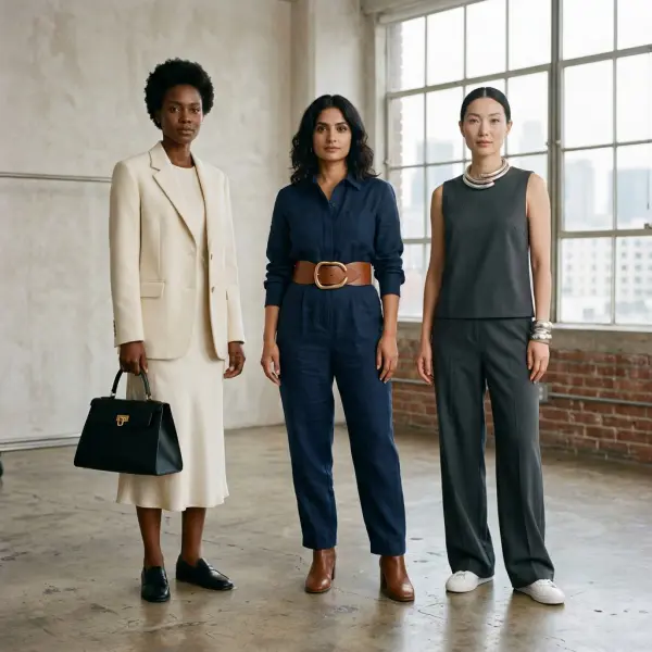 Contemporary outfits shaped by distinctive bags, belts, and jewelry Contemporary outfits shaped by distinctive bags, belts, and jewelry
