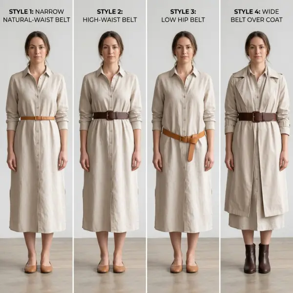 Belt placement at the waist, high waist, hip, and over outerwear Belt placement at the waist, high waist, hip, and over outerwear
