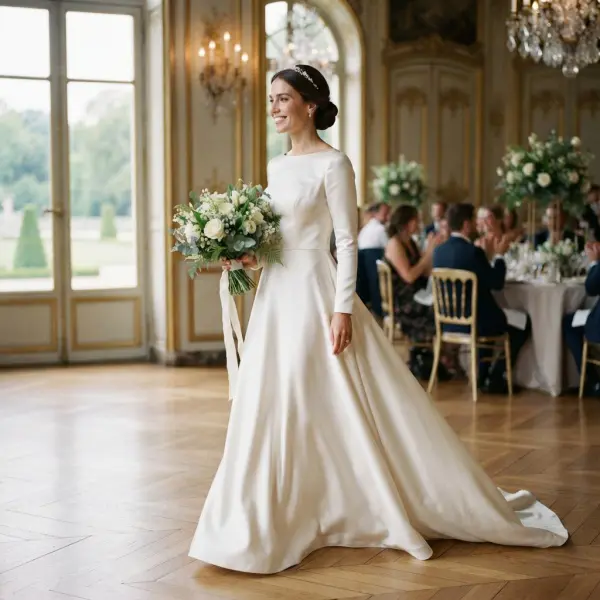 Busana pengantin berbahan satin dengan drape elegan