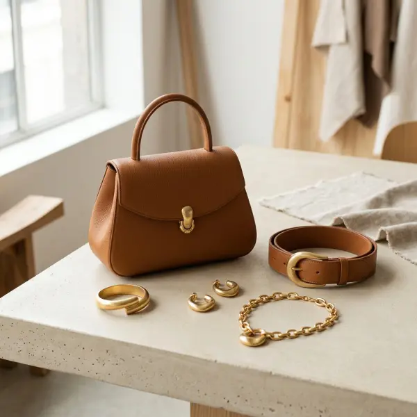 Coordinated fashion brand assortment with a signature bag, belt, and jewelry Coordinated fashion brand assortment with a signature bag, belt, and jewelry