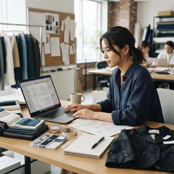 Product developer menyusun Tech Pack untuk koleksi fashion baru