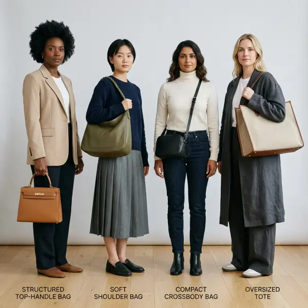 Different handbag silhouettes showing structured, relaxed, compact, and oversized styles Different handbag silhouettes showing structured, relaxed, compact, and oversized styles