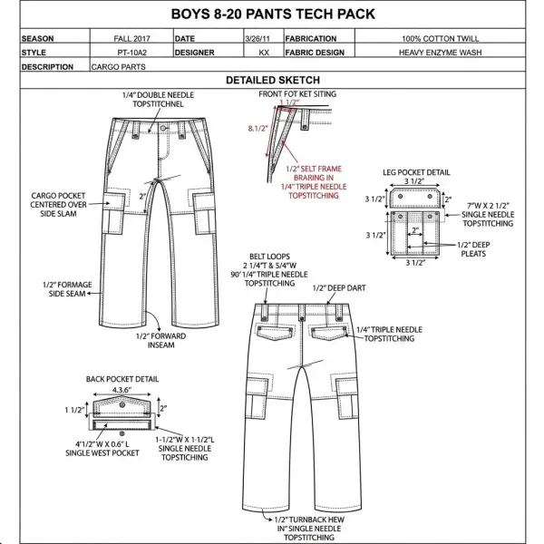 Halaman identitas produk pada Tech Pack yang digunakan sebagai referensi pengembangan produk fashion