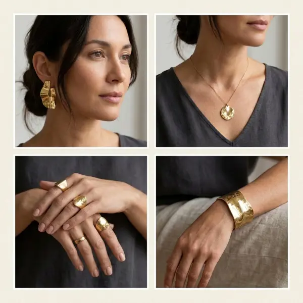 Earrings, necklaces, rings, and bracelets showing different areas of visual emphasis Earrings, necklaces, rings, and bracelets showing different areas of visual emphasis