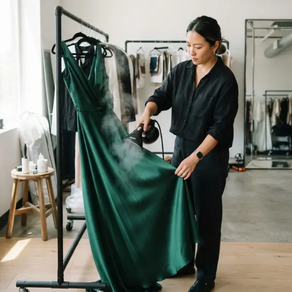 Penggunaan garment steamer untuk menghilangkan kerutan pada pakaian satin Penggunaan garment steamer untuk menghilangkan kerutan pada pakaian satin