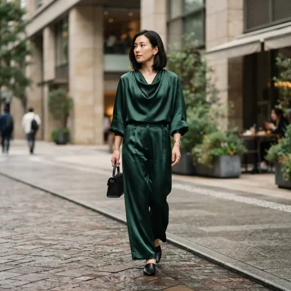 Model mengenakan pakaian berbahan satin dalam suasana modern yang elegan