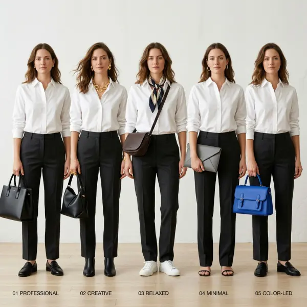 White shirt and dark trousers styled five ways using different accessories