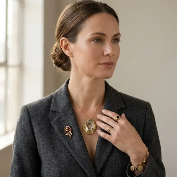 Meaningful jewelry and accessories styled with a simple contemporary jacket Meaningful jewelry and accessories styled with a simple contemporary jacket