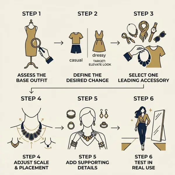 Six-step workflow for styling simple outfits with accessories
