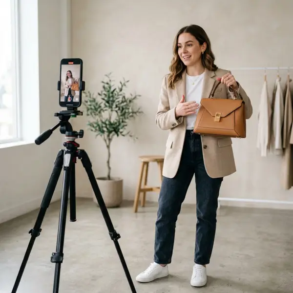 Fashion content creator demonstrating a statement bag with a simple outfit Fashion content creator demonstrating a statement bag with a simple outfit