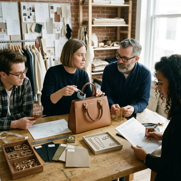 Fashion product development team inspecting bag hardware and jewelry prototypes Fashion product development team inspecting bag hardware and jewelry prototypes