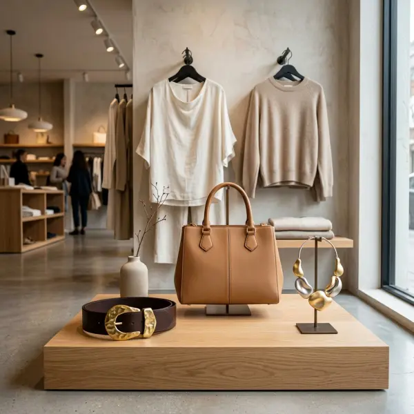 Fashion retail display showing statement accessories with coordinated simple garments Fashion retail display showing statement accessories with coordinated simple garments