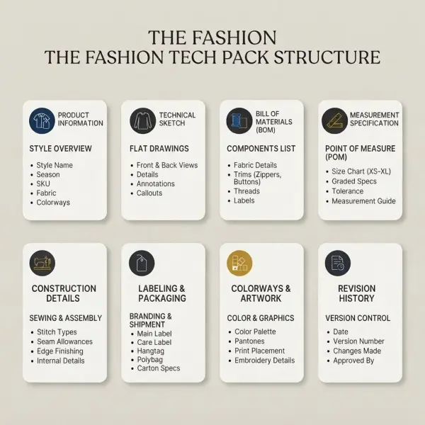 Contoh struktur dokumen Tech Pack untuk pengembangan produk fashion