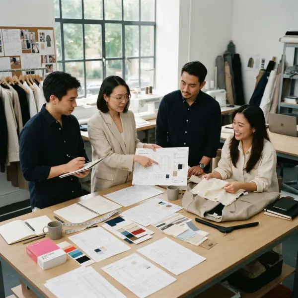Tim pengembangan produk fashion meninjau dokumen Tech Pack sebelum produksi
