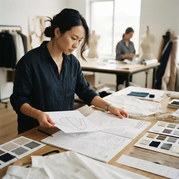 Product developer membandingkan gambar desain fashion dengan Tech Pack sebagai acuan produksi
