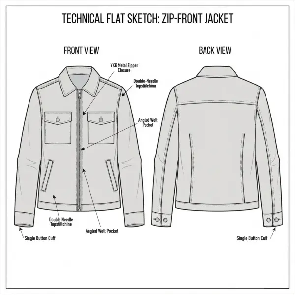 Technical flat sketch pakaian sebagai bagian dari Tech Pack