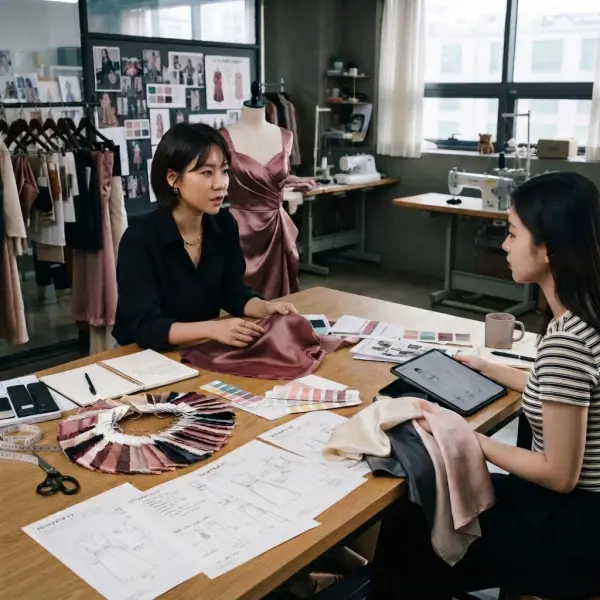 Tim pengembangan produk fashion mengevaluasi sampel kain satin sebelum produksi Tim pengembangan produk fashion mengevaluasi sampel kain satin sebelum produksi