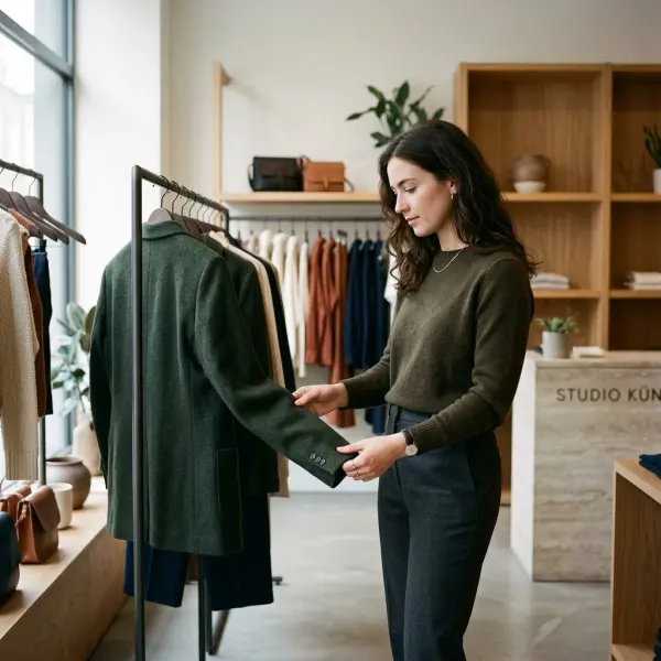 Customer connecting personally with garments inside an independent fashion store