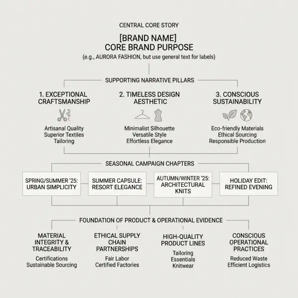 Fashion brand narrative architecture with a core story, supporting pillars, seasonal chapters, and evidence