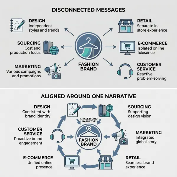 Diagram showing fragmented fashion brand messages across design, marketing, sourcing, retail, and customer service