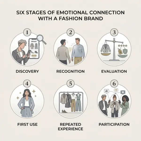 Customer journey from discovering a fashion brand to trust, participation, and repeat use