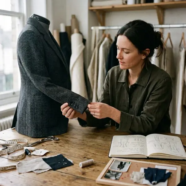 Designer comparing garment prototype with fabric swatches and construction details