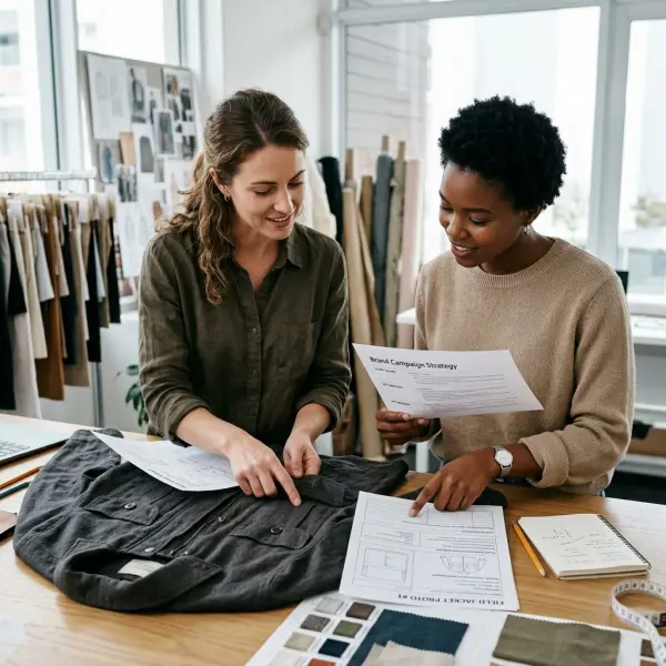 Fashion team comparing brand claims with actual garment construction and material details